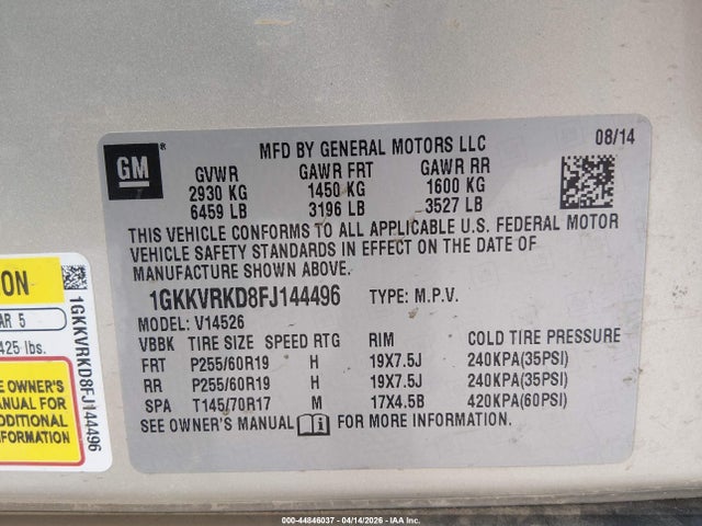 44846037 :رقم المزاد ، 1GKKVRKD8FJ144496 vin ، 2015 Gmc Acadia Slt-1 مزاد بيع