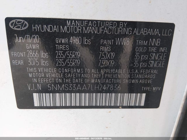 Auction sale of the 2020 Hyundai Santa Fe Sel 2.0t, vin: 5NMS33AA7LH247836, lot number: 44846040