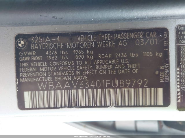 44846052 :رقم المزاد ، WBAAV33401FU89792 vin ، 2001 Bmw 325i مزاد بيع