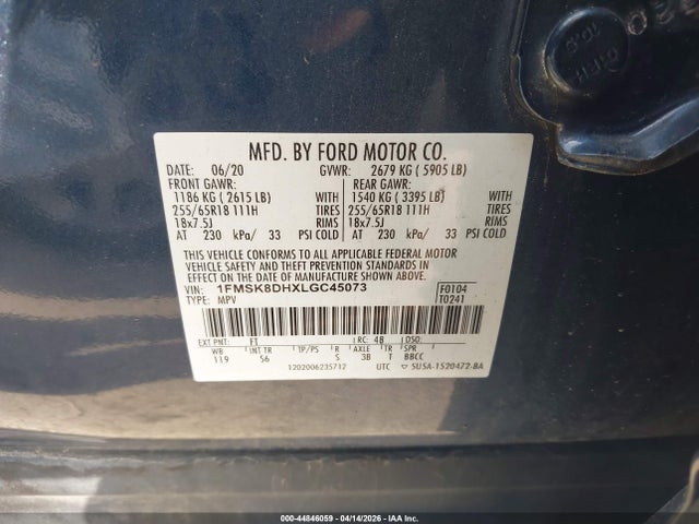 Aukcja sprzedaży 2020 Ford Explorer Xlt, vin: 1FMSK8DHXLGC45073, numer aukcji: 44846059
