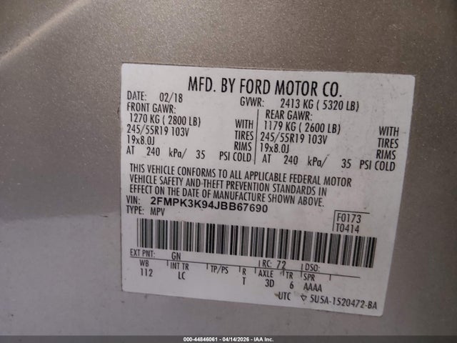 44846061 :رقم المزاد ، 2FMPK3K94JBB67690 vin ، 2018 Ford Edge Titanium مزاد بيع