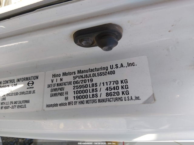Aukcja sprzedaży 2020 Hino 258/268, vin: 5PVNJ8JL0L5S52400, numer aukcji: 44846080