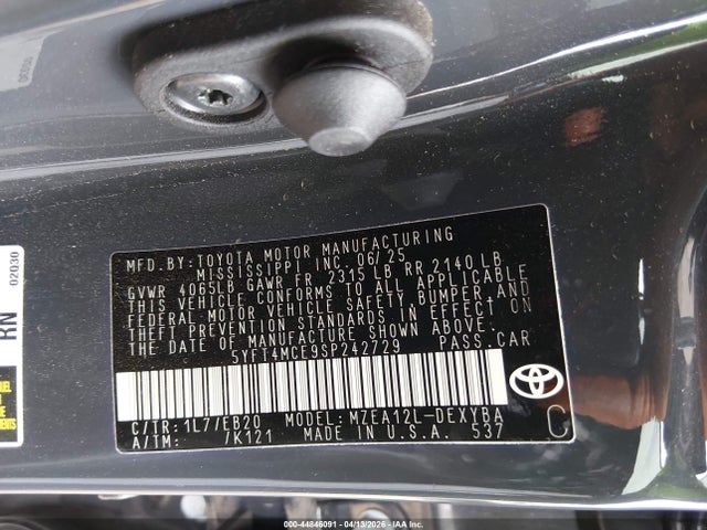 44846091 :رقم المزاد ، 5YFT4MCE9SP242729 vin ، 2025 Toyota Corolla Xse مزاد بيع