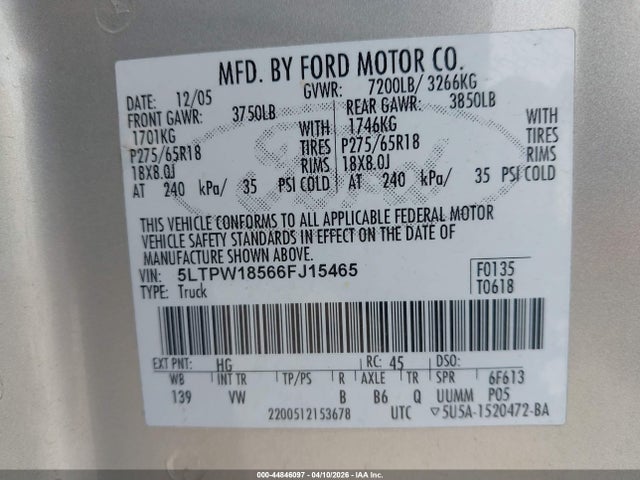 Auction sale of the 2006 Lincoln Mark Lt, vin: 5LTPW18566FJ15465, lot number: 44846097