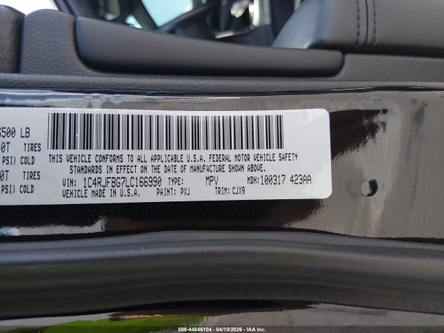 44846104 :رقم المزاد ، 1C4RJFBG7LC166990 vin ، 2020 Jeep Grand Cherokee Limited 4x4 مزاد بيع