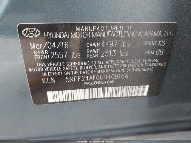 2016 Hyundai Sonata მანქანა იყიდება აუქციონზე, vin: 5NPE24AF6GH408168, აუქციონის ნომერი: 44846115