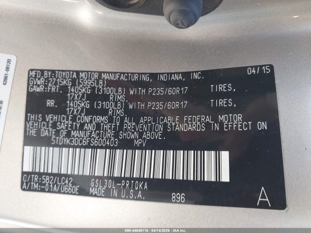 5TDYK3DC6FS600403 Toyota Sienna Xle 8 Passenger