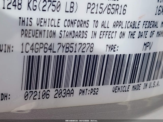 Aukcja sprzedaży 2000 Chrysler Town & Country Limited, vin: 1C4GP64L7YB517278, numer aukcji: 44846124