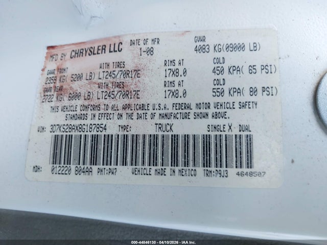 Продажа на аукционе авто 2008 Dodge Ram 2500 St/sxt, vin: 3D7KS28AX8G187854, номер лота: 44846130