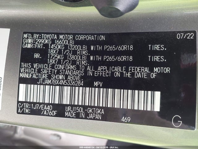 Aukcja sprzedaży 2022 Lexus Gx 460 Premium, vin: JTJAM7BX4N5336284, numer aukcji: 44846134