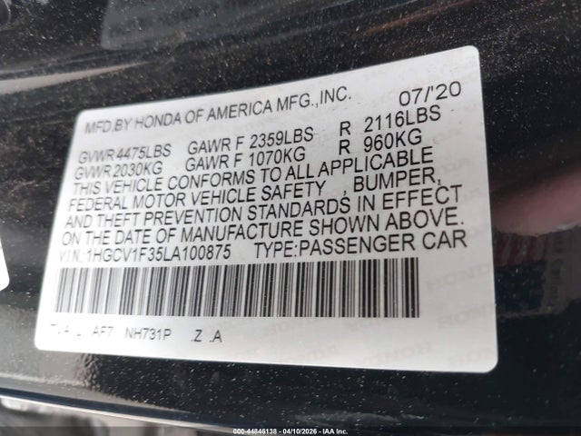 1HGCV1F35LA100875 Honda Accord Sport