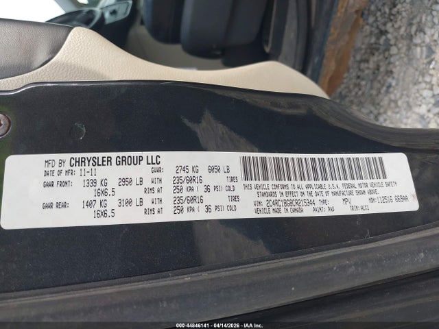 2012 Chrysler Town & Country Touring მანქანა იყიდება აუქციონზე, vin: 2C4RC1BG8CR215344, აუქციონის ნომერი: 44846141