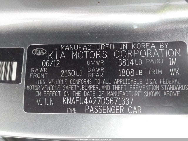 2013 Kia Forte Ex მანქანა იყიდება აუქციონზე, vin: KNAFU4A27D5671337, აუქციონის ნომერი: 44846143