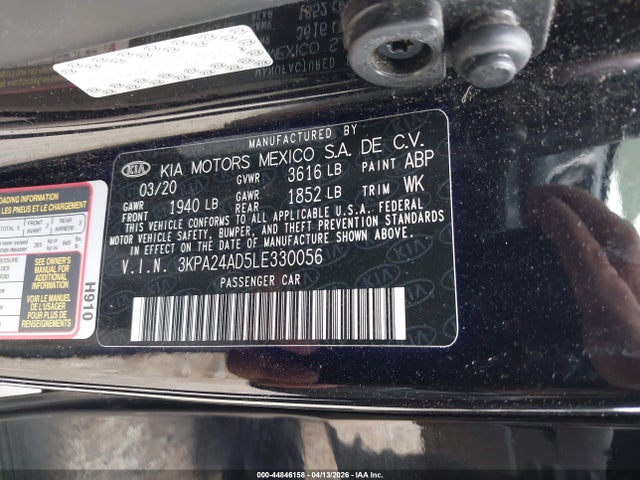 44846158 :رقم المزاد ، 3KPA24AD5LE330056 vin ، 2020 Kia Rio S مزاد بيع