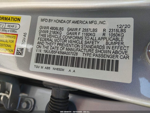 44846191 :رقم المزاد ، 19UUB5F45MA007028 vin ، 2021 Acura Tlx Technology Package مزاد بيع