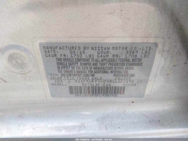 Nissan Versa 1.6 S 2015 3N1CN7AP3FL938740 Image 9