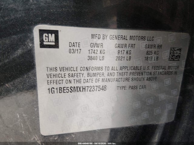 Продажа на аукционе авто 2017 Chevrolet Cruze Lt Auto, vin: 1G1BE5SMXH7237548, номер лота: 44846195