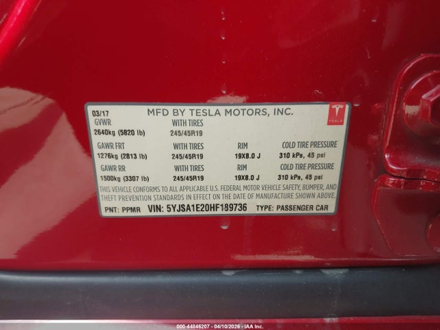 5YJSA1E20HF189736 Tesla Model S 100d/60d/75d/90d/p100d