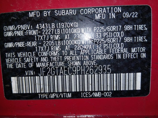 Aukcja sprzedaży 2023 Subaru Crosstrek Premium, vin: JF2GTAEC9PH262935, numer aukcji: 44846226