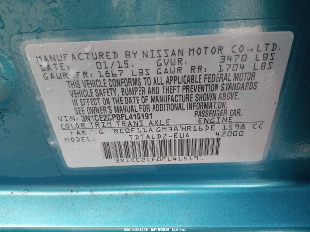 Продажа на аукционе авто 2015 Nissan Versa Note Sv, vin: 3N1CE2CP0FL415191, номер лота: 44846239