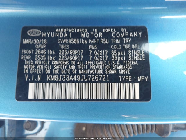 KM8J33A49JU726721 Hyundai TUCSON SEL