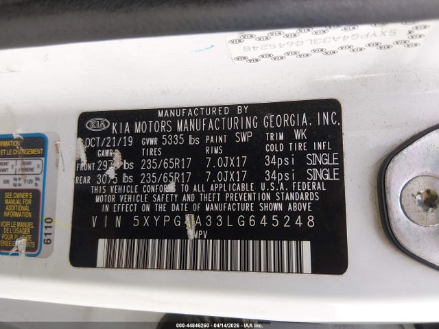 Aukcja sprzedaży 2020 Kia Sorento 2.4l L, vin: 5XYPG4A33LG645248, numer aukcji: 44846260