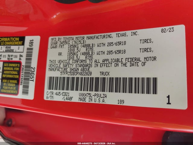 Aukcja sprzedaży 2023 Toyota Tundra Hybrid Trd Pro, vin: 5TFPC5DB3PX022820, numer aukcji: 44846275
