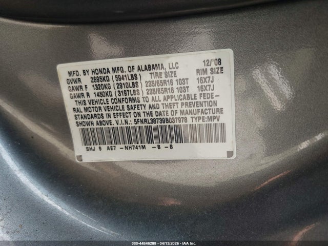 Продажа на аукционе авто 2009 Honda Odyssey Ex-l, vin: 5FNRL38739B037978, номер лота: 44846288