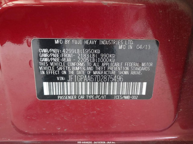 Aukcja sprzedaży 2013 Subaru Impreza Wagon 2.0i, vin: JF1GPAA67D2875496, numer aukcji: 44846293