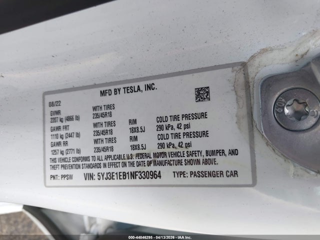 Aukcja sprzedaży 2022 Tesla Model 3 Long Range Dual Motor All-wheel Drive, vin: 5YJ3E1EB1NF330964, numer aukcji: 44846295