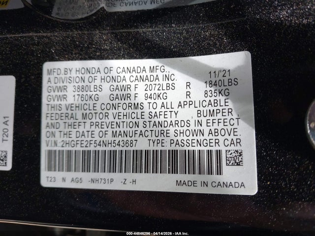 Продаж на аукціоні авто 2022 Honda Civic Sport, vin: 2HGFE2F54NH543687, номер лоту: 44846296