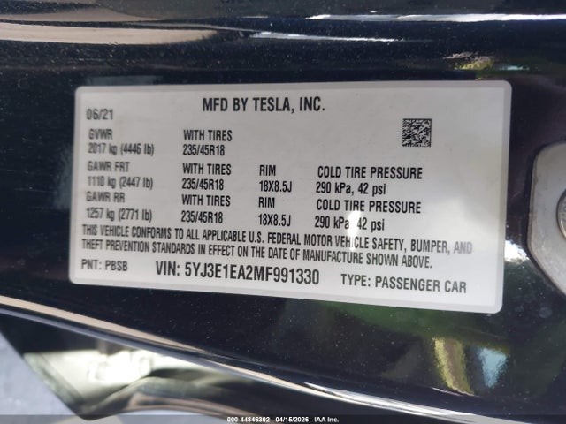 Продаж на аукціоні авто 2021 Tesla Model 3 Standard Range Plus Rear-wheel Drive, vin: 5YJ3E1EA2MF991330, номер лоту: 44846302