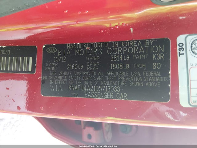 2013 Kia Forte Ex მანქანა იყიდება აუქციონზე, vin: KNAFU4A21D5713033, აუქციონის ნომერი: 44846303