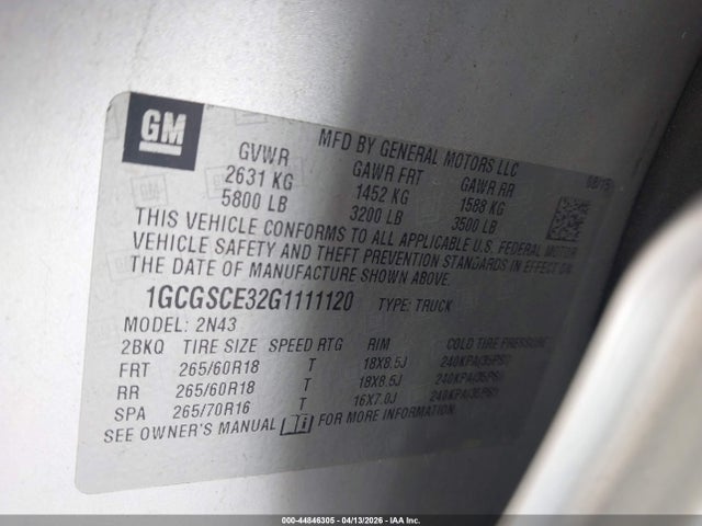 44846305 :رقم المزاد ، 1GCGSCE32G1111120 vin ، 2016 Chevrolet Colorado Lt مزاد بيع
