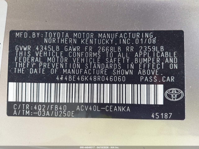 2008 TOYOTA CAMRY 4T4BE46K48R046060 Photo 8