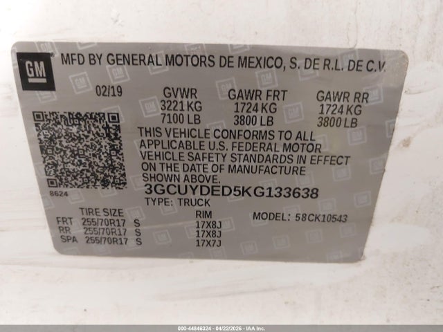 3GCUYDED5KG133638 Chevrolet Silverado 1500 Lt