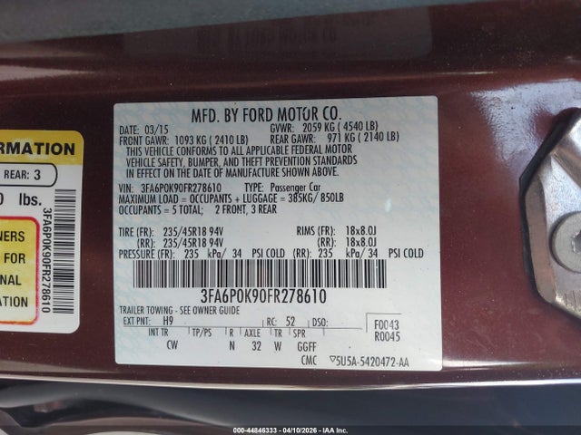 Aukcja sprzedaży 2015 Ford Fusion Titanium, vin: 3FA6P0K90FR278610, numer aukcji: 44846333