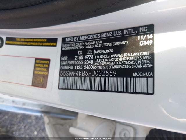 Продажа на аукционе авто 2015 Mercedes-benz C 300 4matic, vin: 55SWF4KB6FU032569, номер лота: 44846356