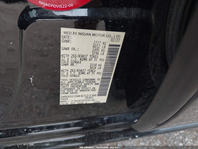 2022 Nissan Frontier Sv 4x2 მანქანა იყიდება აუქციონზე, vin: 1N6ED1EJ1NN652196, აუქციონის ნომერი: 44846357