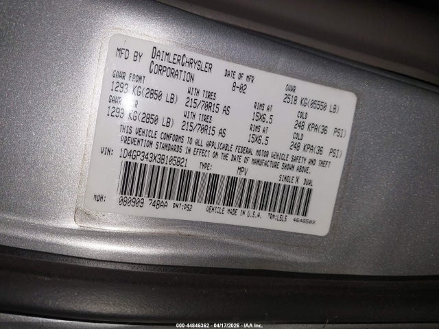 Aukcja sprzedaży 2003 Dodge Grand Caravan El, vin: 1D4GP343X3B105821, numer aukcji: 44846362