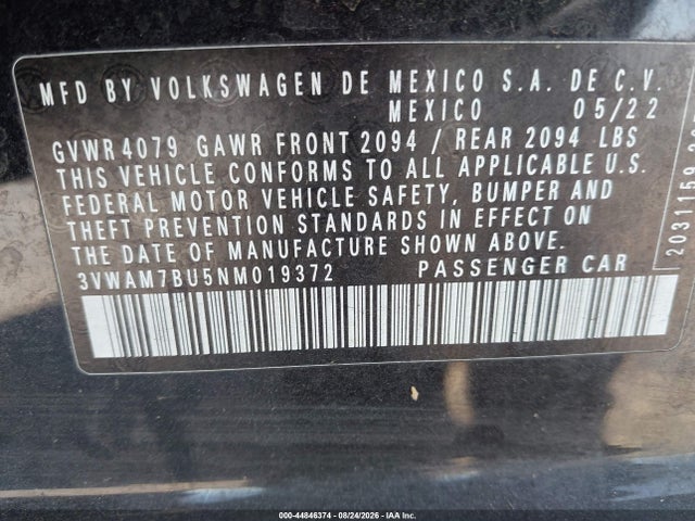2022 Volkswagen Jetta 1.5t Sport მანქანა იყიდება აუქციონზე, vin: 3VWAM7BU5NM019372, აუქციონის ნომერი: 44846374