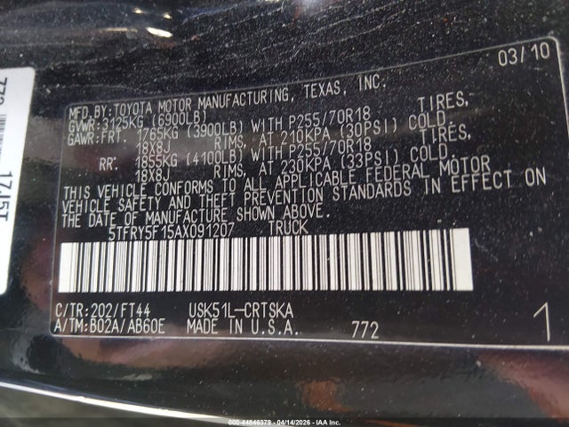 Aukcja sprzedaży 2010 Toyota Tundra Grade 5.7l V8, vin: 5TFRY5F15AX091207, numer aukcji: 44846379