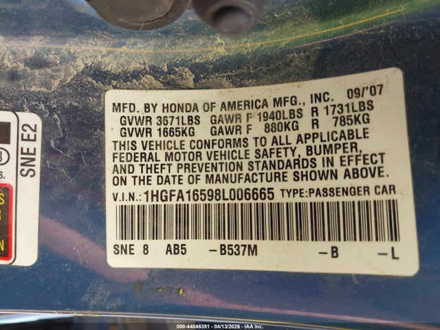 2008 Honda Civic Lx მანქანა იყიდება აუქციონზე, vin: 1HGFA16598L006665, აუქციონის ნომერი: 44846391