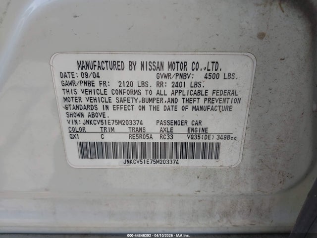 Aukcja sprzedaży 2005 Infiniti G35, vin: JNKCV51E75M203374, numer aukcji: 44846392
