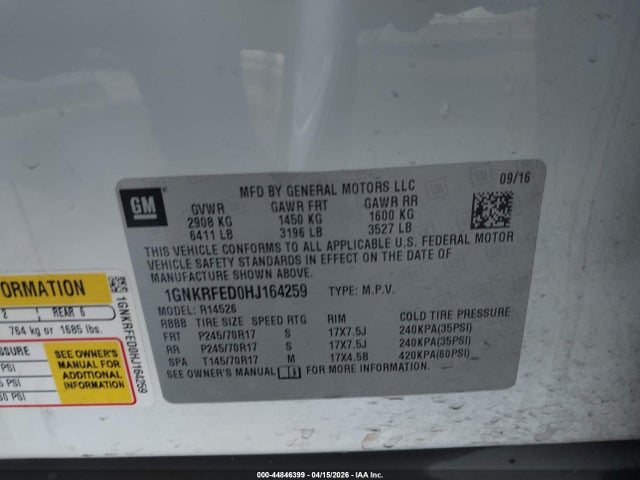 44846399 :رقم المزاد ، 1GNKRFED0HJ164259 vin ، 2017 Chevrolet Traverse Ls مزاد بيع