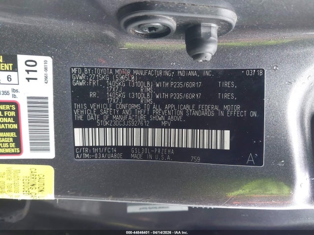 44846401 :رقم المزاد ، 5TDKZ3DC3JS927612 vin ، 2018 Toyota Sienna Le 8 Passenger مزاد بيع