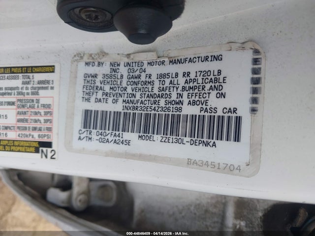 44846409 :رقم المزاد ، 1NXBR32E54Z326198 vin ، 2004 Toyota Corolla Le مزاد بيع