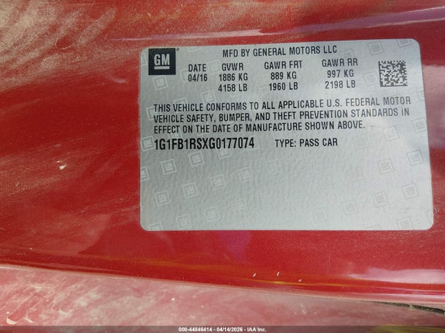 44846414 :رقم المزاد ، 1G1FB1RSXG0177074 vin ، 2016 Chevrolet Camaro 1lt مزاد بيع