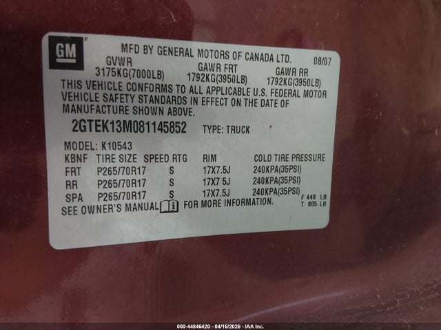 44846420 :رقم المزاد ، 2GTEK13M081145852 vin ، 2008 Gmc Sierra 1500 Slt مزاد بيع