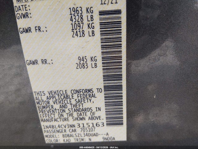 1N4BL4CV3NN315163 Nissan Altima Sr Fwd
